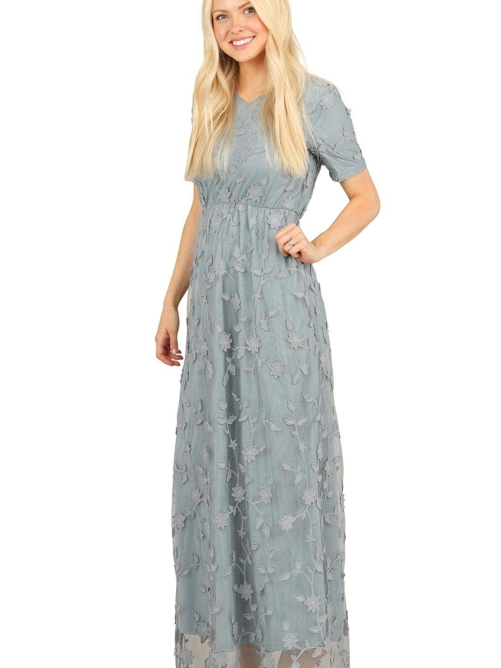 Mikarose Dusty Blue Floral Appliqué Maxi Dress